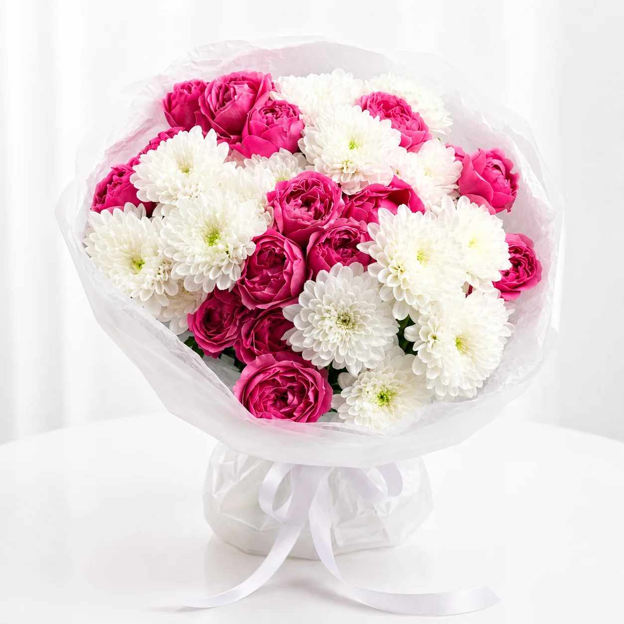 Ivory Embrace – 5 Pink Peony Roses & 3 White Chrysanthemums Bouquet-2
